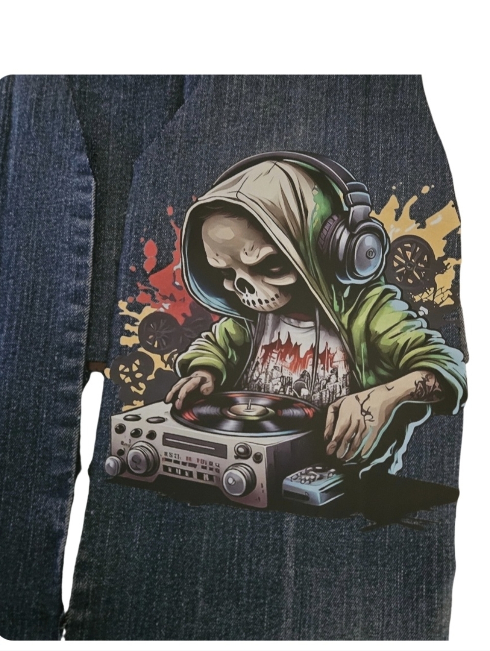 Women Granny Square Punk Cardigan Skull DJ Upcycled Denim Crochet Jacket Boho - Picture 16 of 16